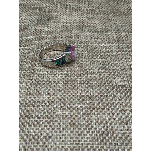 Sterling Silver Trillion-Cut Pink Stone Ring with Lab Opal Inlay – Size 7.25 Est - Picture 7 of 9